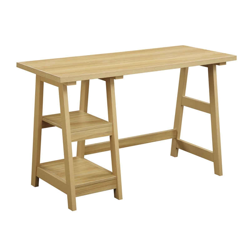 Pemberly Row Trestle Desk in Off White Light Oak Wood Finish
