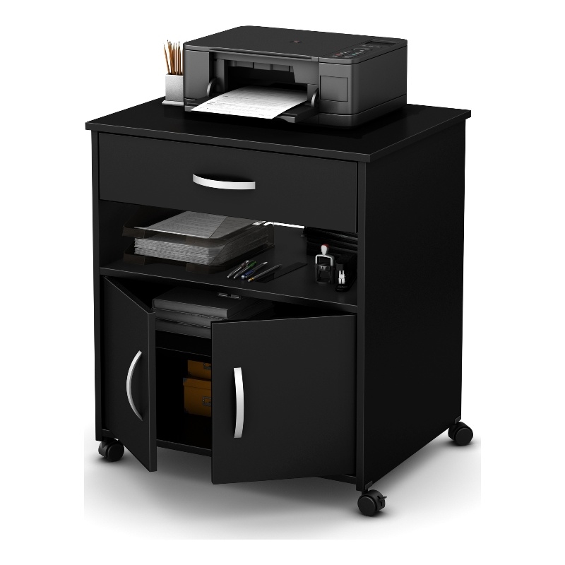 Pemberly Row Contemporary Wood Printer Cart in Pure Black Finsih