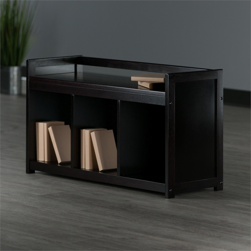 Pemberly Row Storage Transitional Solid Wood Bench in Dark Espresso