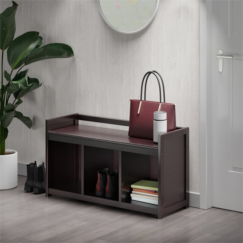 Pemberly Row Storage Transitional Solid Wood Bench in Dark Espresso