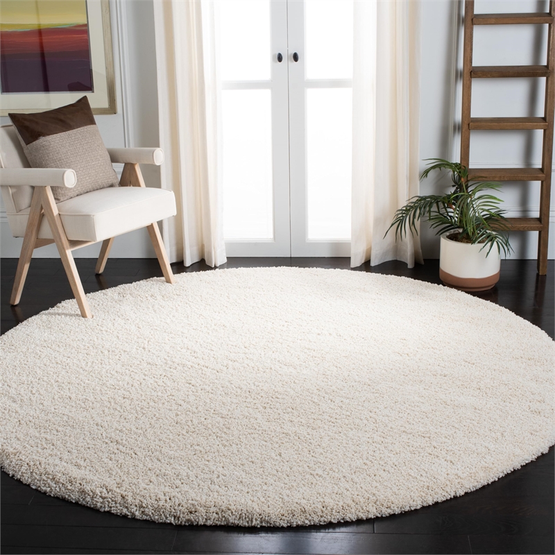 Pemberly Row Contemporary Polypropylene Ivory Shag Rug - Round 7'