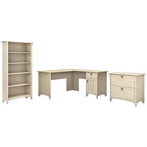 Pemberly Row Wood 60W L Desk with File Cabinet & Bookcase in Antique White