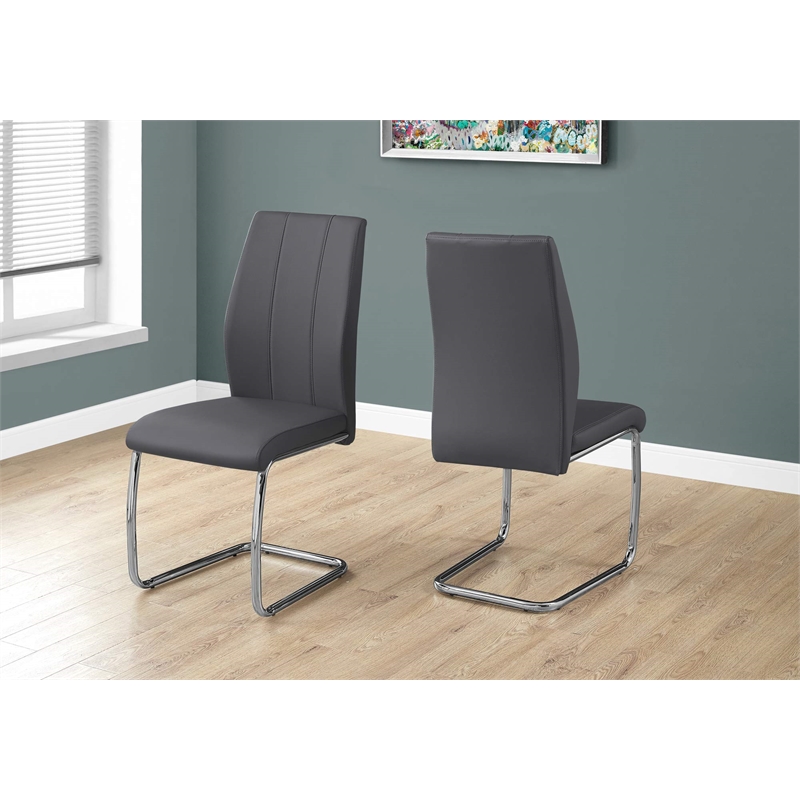 Pemberly Row Set of 2 Gray Chrome Upholstered Faux Leather Kitchen Dining Chairs