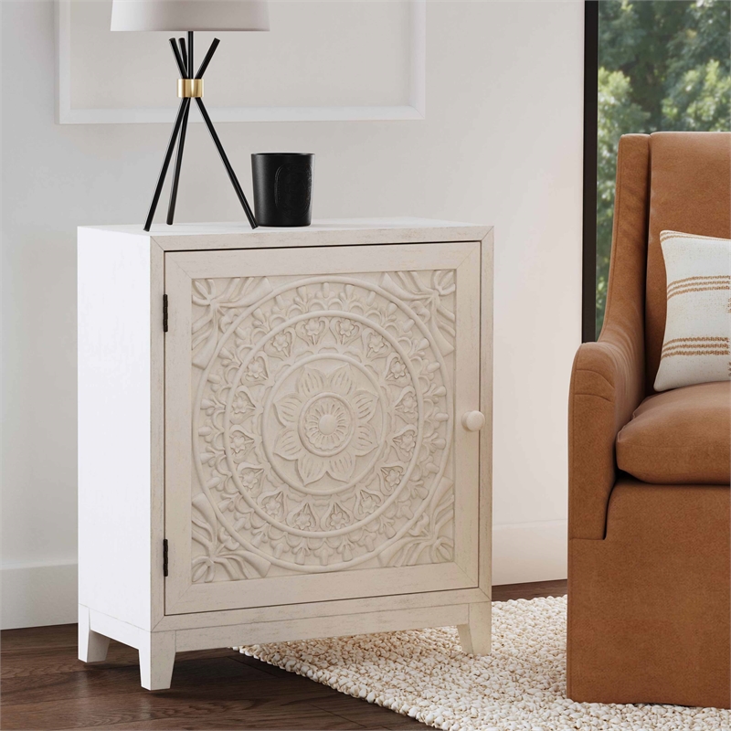 Pemberly Row Storage Accent Cabinet in Smokey Off White Distressed Wood