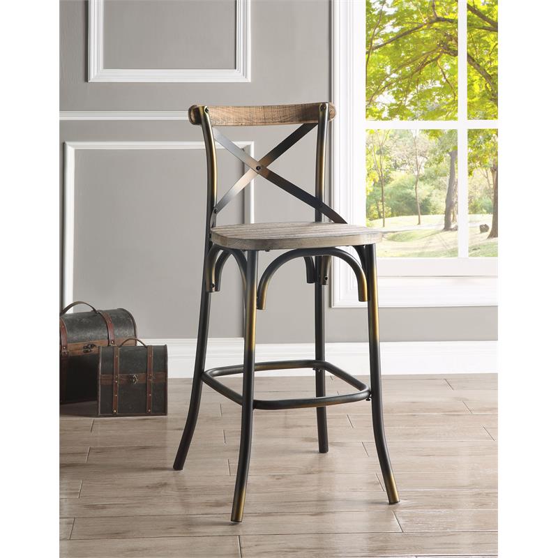 Pemberly Row Armless Bar Stool with Wood Seat in Antique Copper and Antique Oak