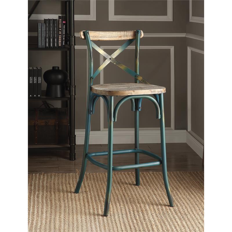 Pemberly Row Bar Stool with Wood Seat in Antique Turquoise and Antique Oak