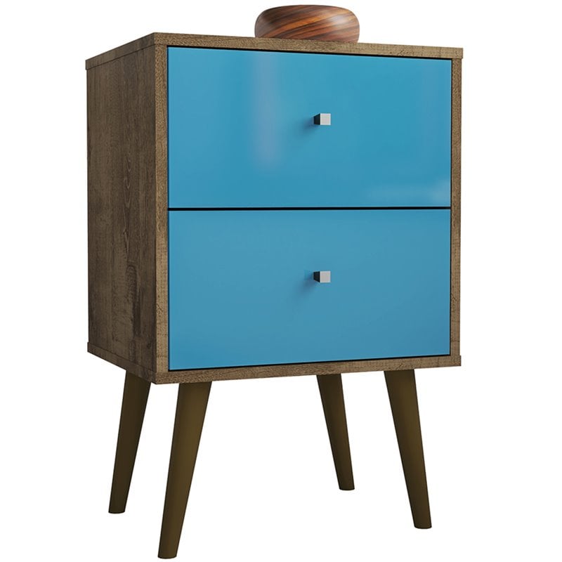 Pemberly Row 2-Drawer Wood Nightstand 2.0 in Aqua / Rustic Brown