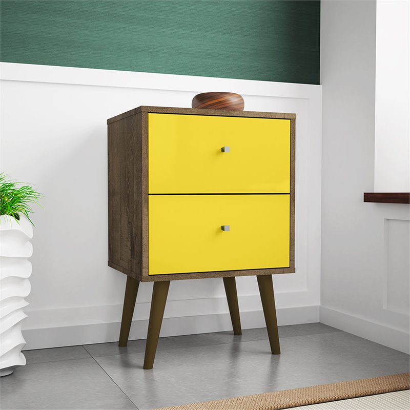 Pemberly Row 2-Drawer Wood Nightstand 2.0 in Yellow / Rustic Brown