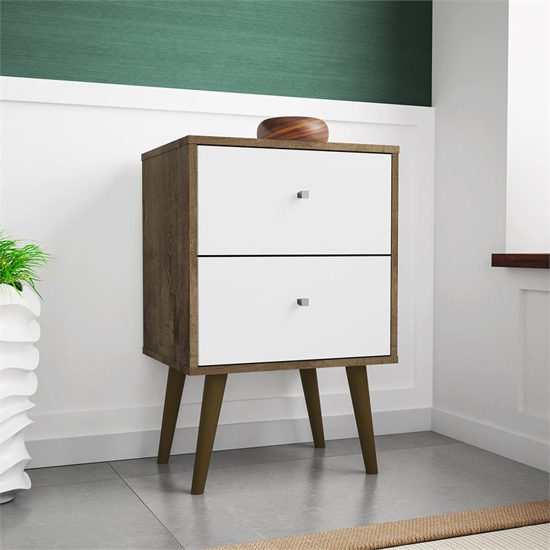Pemberly Row 2-Drawer Wood Nightstand 2.0 in White / Rustic Brown