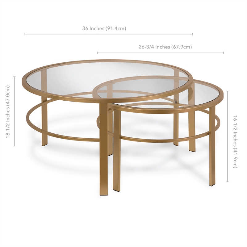 Pemberly Row 2 Piece Nested Metal & Glass Coffee Table in Brass