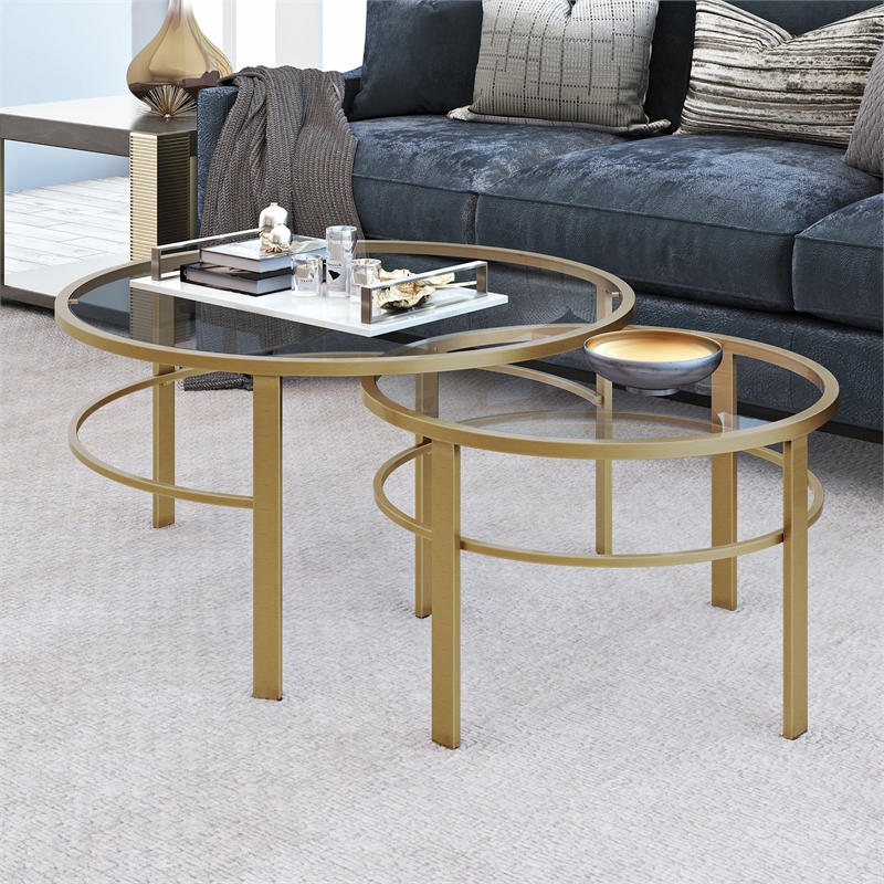Pemberly Row 2 Piece Nested Metal & Glass Coffee Table in Brass