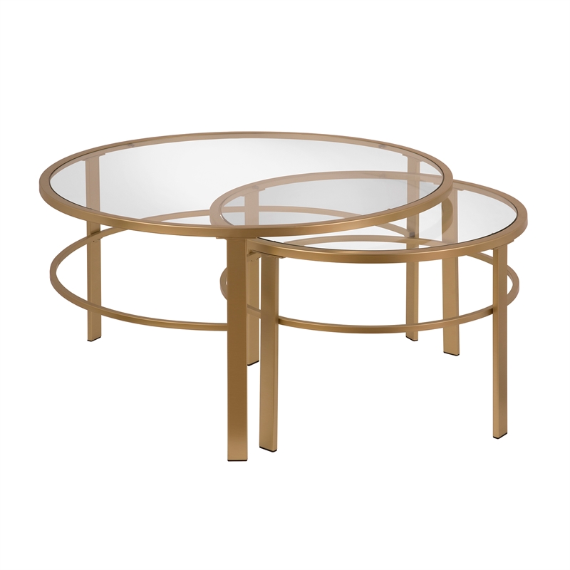Pemberly Row 2 Piece Nested Metal & Glass Coffee Table in Brass