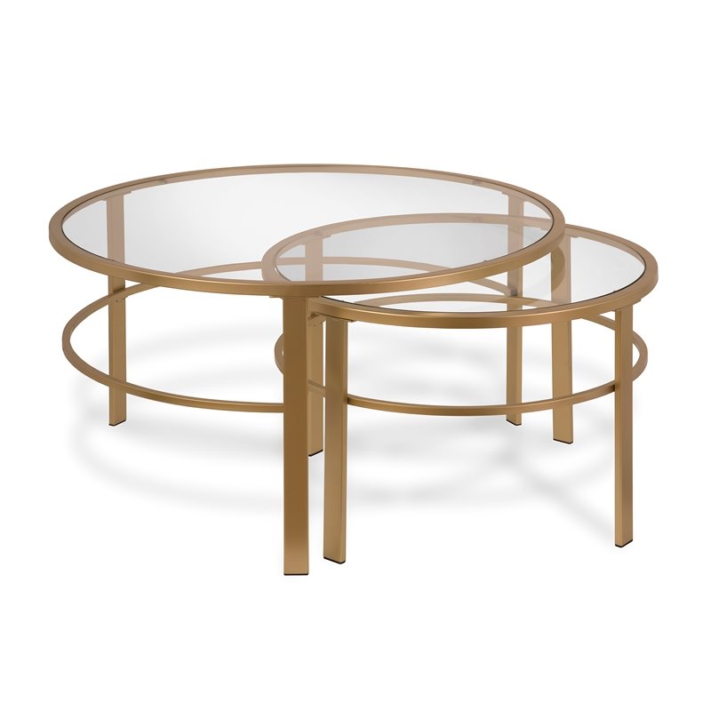Pemberly Row 2 Piece Nested Metal & Glass Coffee Table in Brass