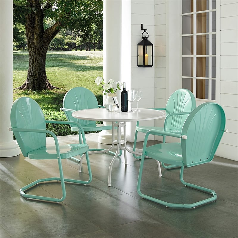 Pemberly Row 5 Piece Metal Patio Dining Set in White and Aqua