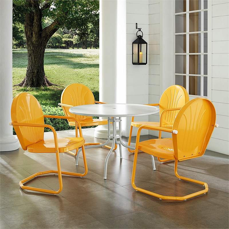 Pemberly Row 5 Piece Metal Patio Dining Set in White and Tangerine