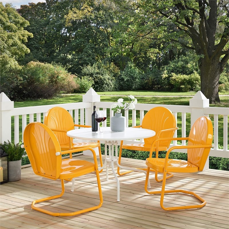 Pemberly Row 5 Piece Metal Patio Dining Set in White and Tangerine