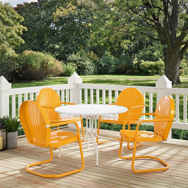 Pemberly Row 5 Piece Metal Patio Dining Set in White and Tangerine