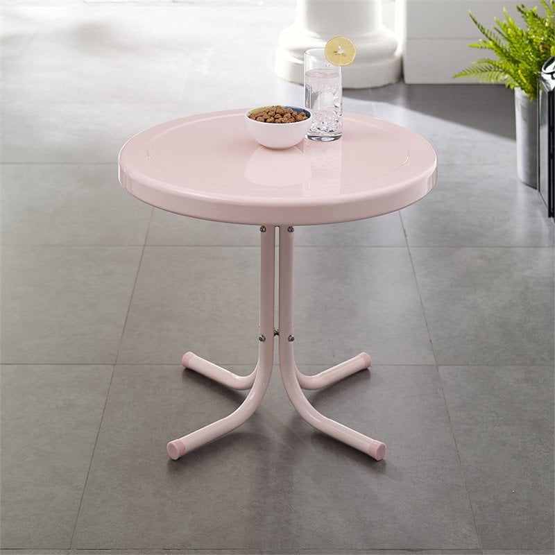Pemberly Row Contemporary Metal Patio End Table in Pastel Pink
