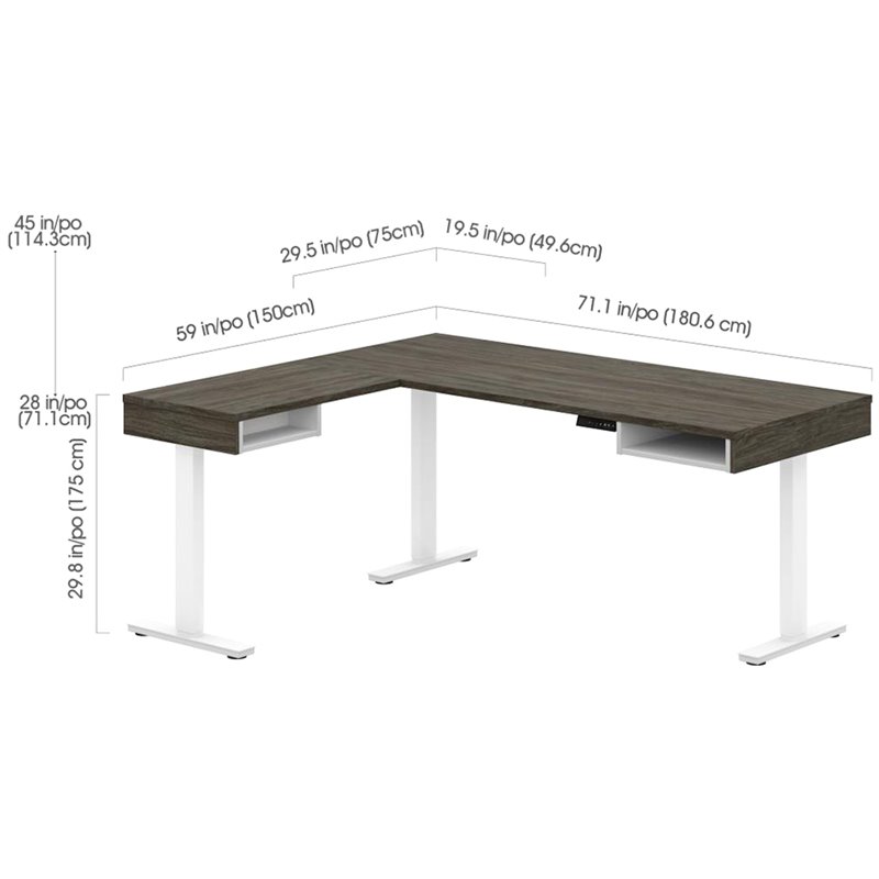 Pemberly Row L Shaped Adjustable Standing Desk with Credenza in Walnut Gray
