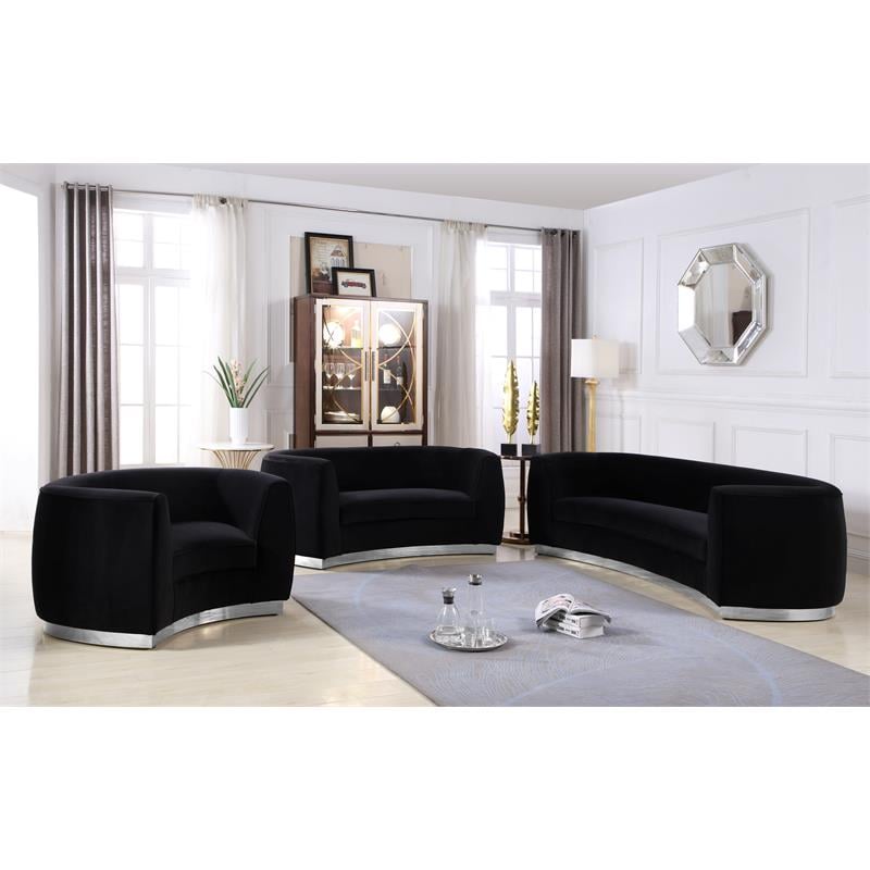 Pemberly Row Contemporary Black Velvet Sofa with Sturdy Stainless Steel Base