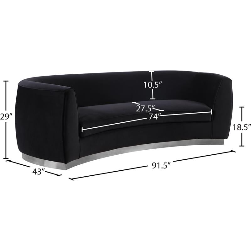 Pemberly Row Contemporary Black Velvet Sofa with Sturdy Stainless Steel Base