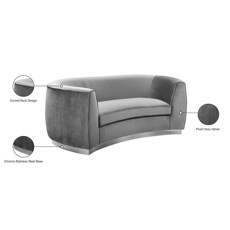 Pemberly Row Contemporary Grey Velvet Loveseat with Sturdy Stainless Steel Base