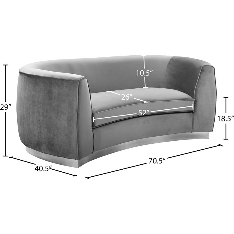Pemberly Row Contemporary Grey Velvet Loveseat with Sturdy Stainless Steel Base