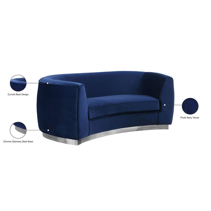 Pemberly Row Contemporary Navy Velvet Loveseat with Sturdy Stainless Steel Base