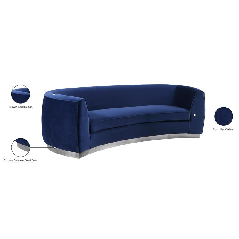Pemberly Row Contemporary Navy Velvet Sofa with Sturdy Stainless Steel Base