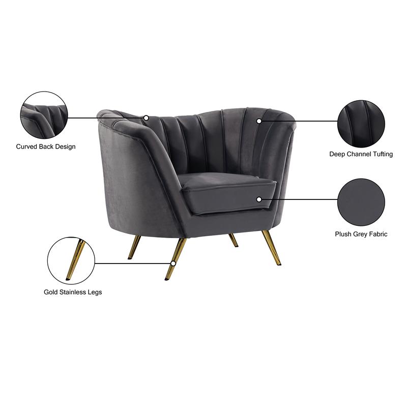 Pemberly Row Contemporary Grey Velvet Chair with Sturdy Stainless Steel Legs