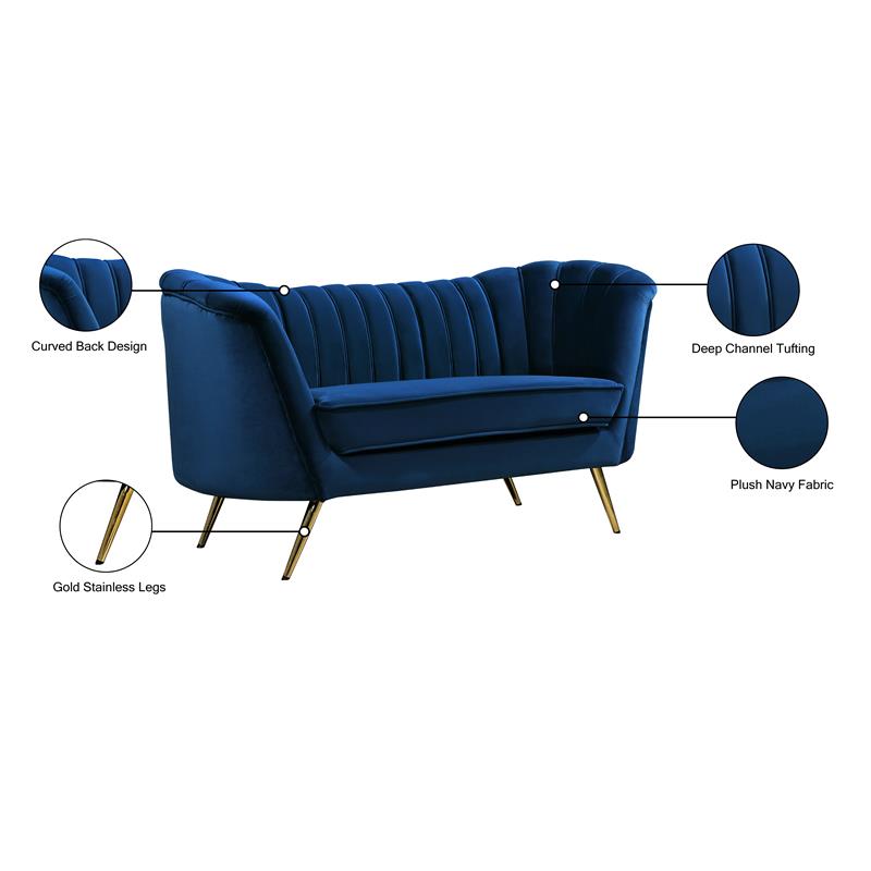 Pemberly Row Contemporary Navy Velvet Loveseat with Sturdy Stainless Steel Legs