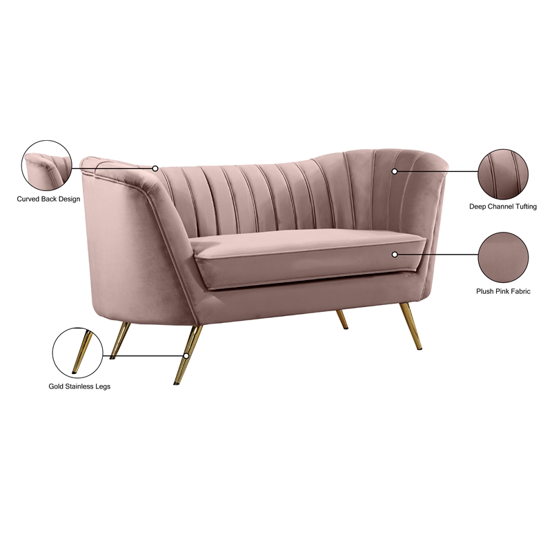 Pemberly Row Contemporary Pink Velvet Loveseat with Sturdy Stainless Steel Legs