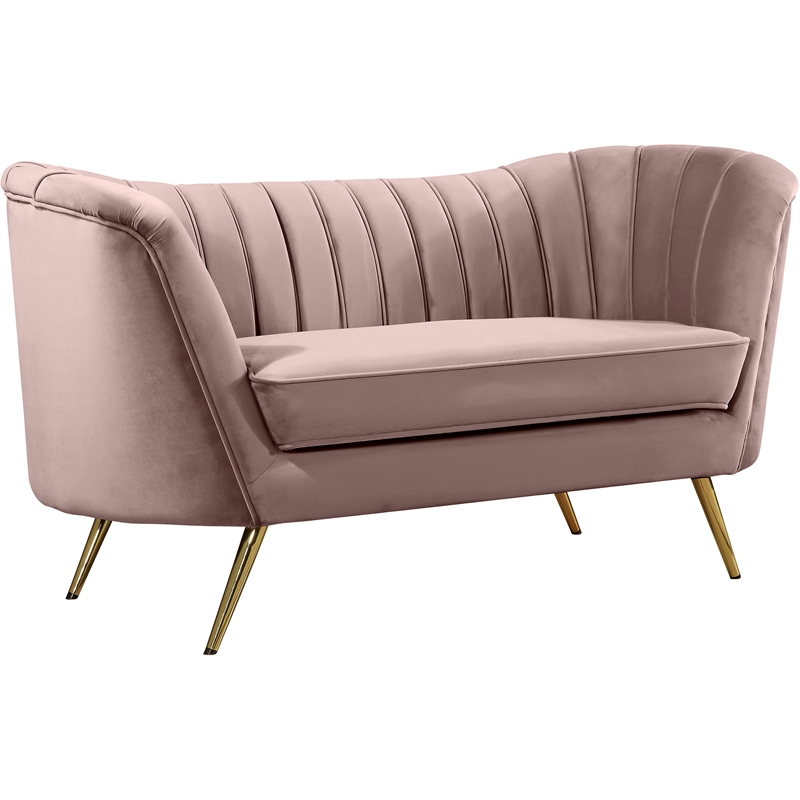 Pemberly Row Contemporary Pink Velvet Loveseat with Sturdy Stainless Steel Legs