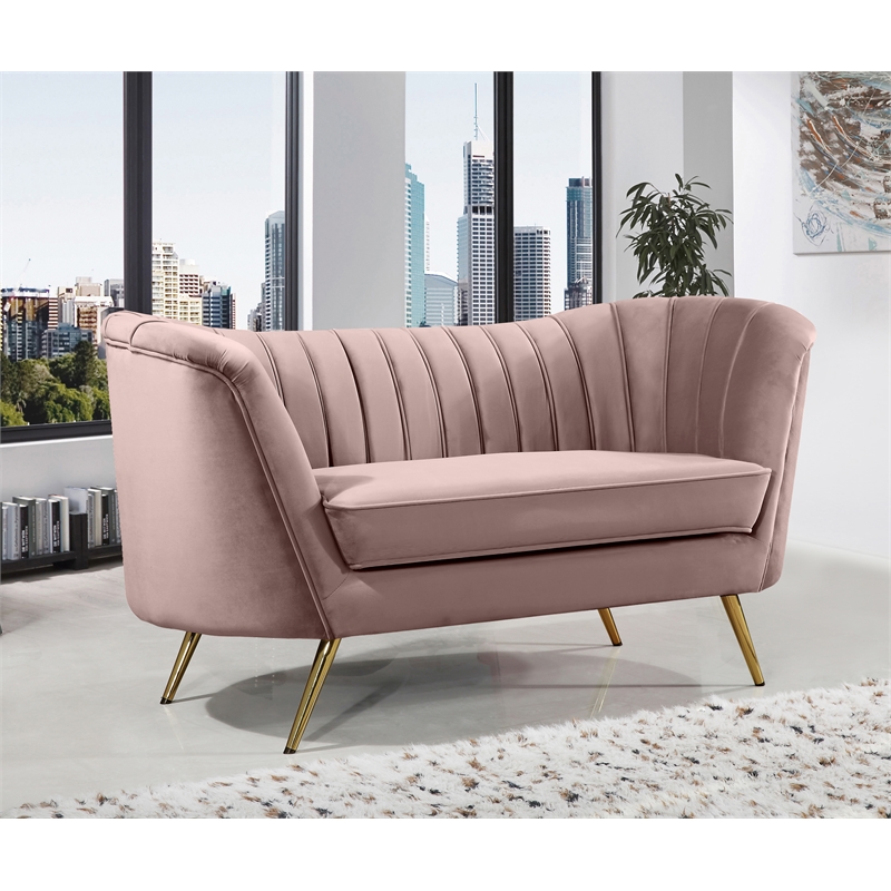 Pemberly Row Contemporary Pink Velvet Loveseat with Sturdy Stainless Steel Legs