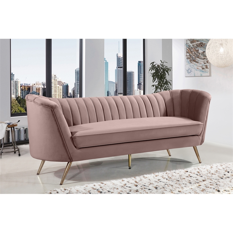 Pemberly Row Contemporary Pink Velvet Sofa with Sturdy Stainless Steel Legs