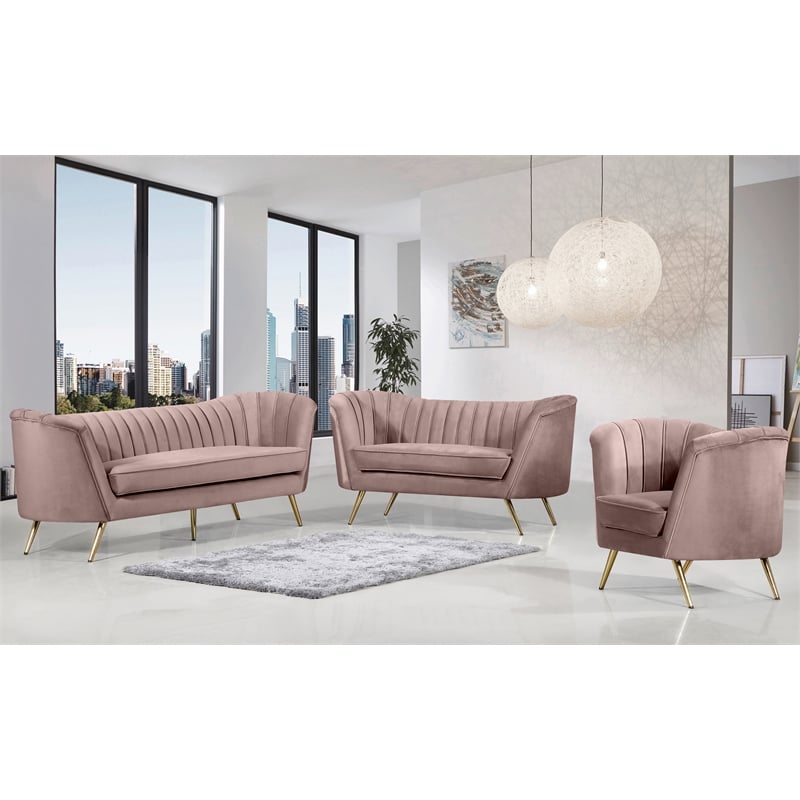 Pemberly Row Contemporary Pink Velvet Sofa with Sturdy Stainless Steel Legs