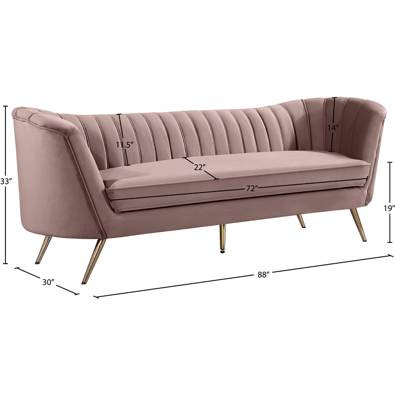 Pemberly Row Contemporary Pink Velvet Sofa with Sturdy Stainless Steel Legs