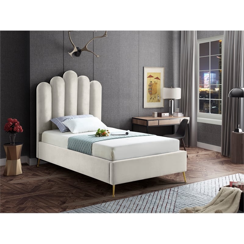 Pemberly Row Modern Solid Wood and Tufted Velvet Twin Bed in Cream