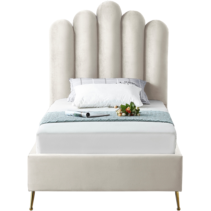Pemberly Row Modern Solid Wood and Tufted Velvet Twin Bed in Cream