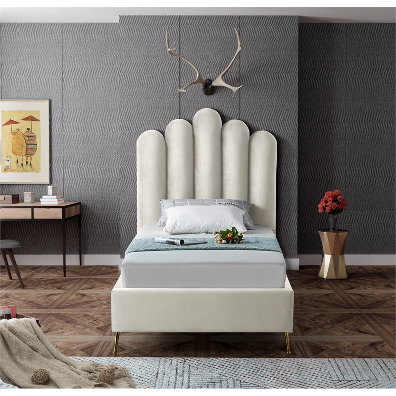 Pemberly Row Modern Solid Wood and Tufted Velvet Twin Bed in Cream