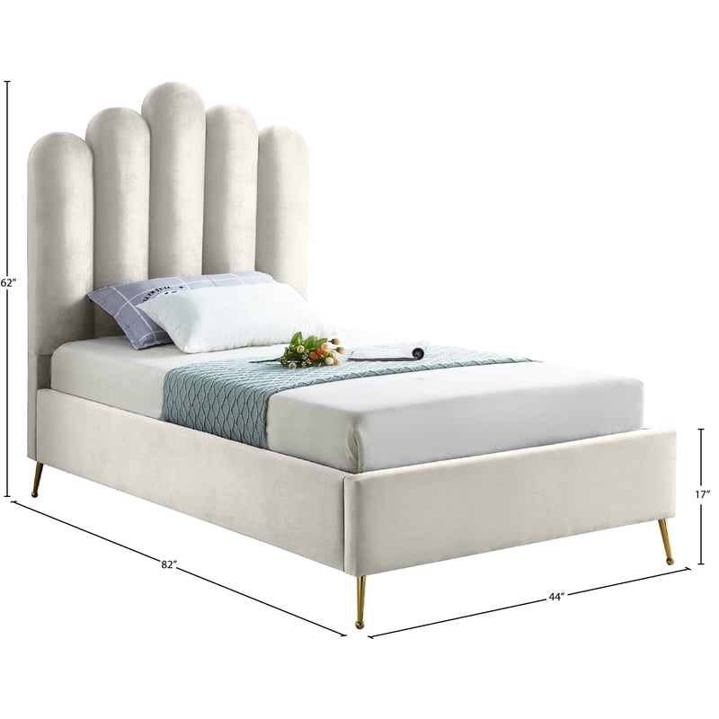 Pemberly Row Modern Solid Wood and Tufted Velvet Twin Bed in Cream