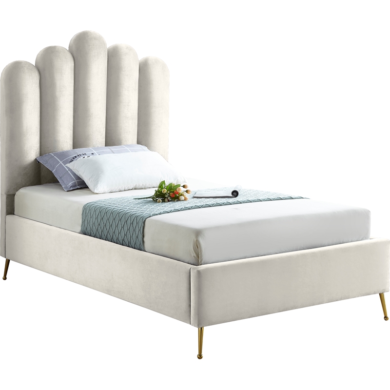 Pemberly Row Modern Solid Wood and Tufted Velvet Twin Bed in Cream
