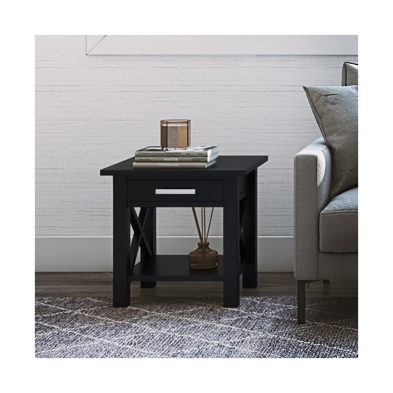 Pemberly Row Solid Wood Wide End Table with Storage in Black