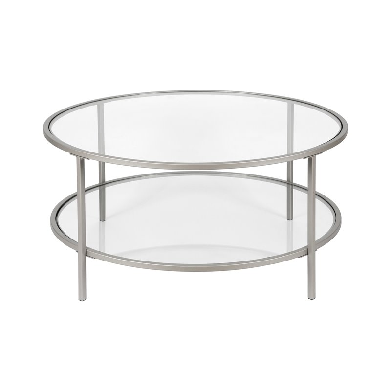 Pemberly Row Two Shelf Round Metal Nickel Coffee Table with Glass Top