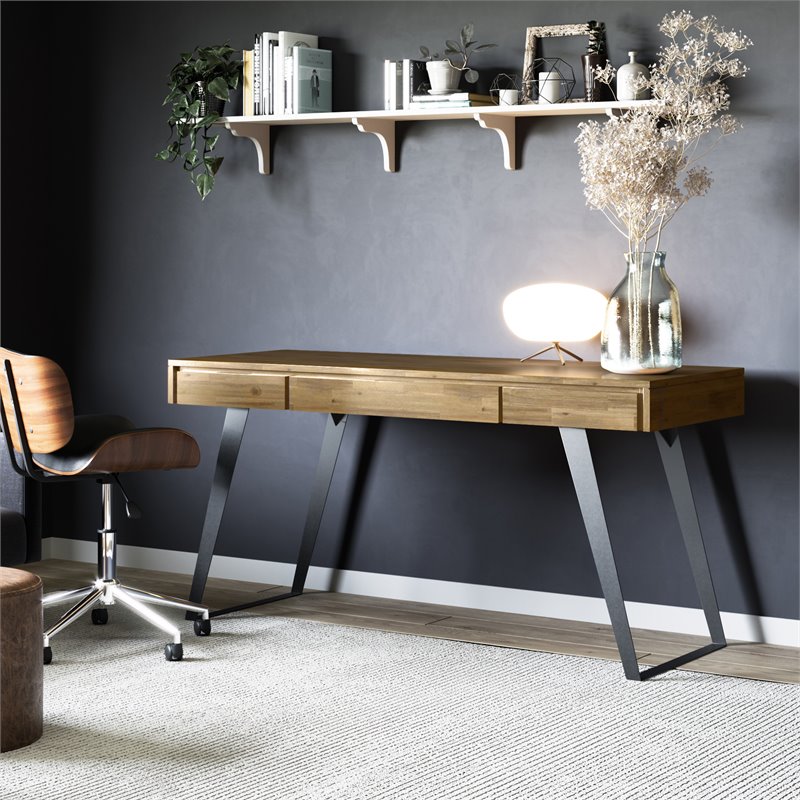 Pemberly Row Modern Solid Acacia Wood Writing Desk in Golden Wheat