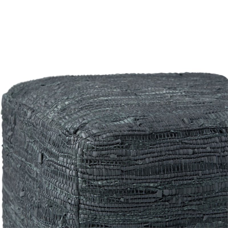 Pemberly Row Modern Boho Square Pouf in Gray Woven Genuine Leather