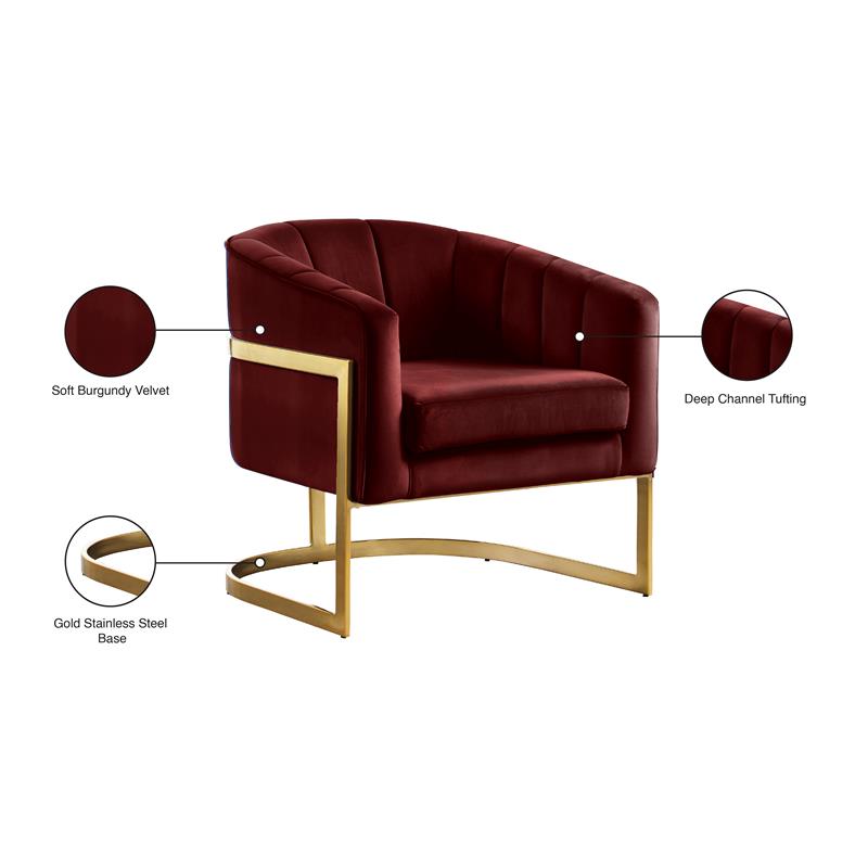 Pemberly Row Modern Burgundy Velvet Accent Chair with Gold Base