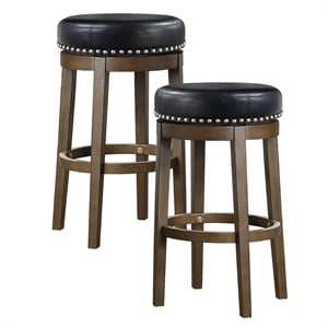 Pemberly Row 29&quot Faux Leather Round Swivel Bar Stool in Black (Set of 2)