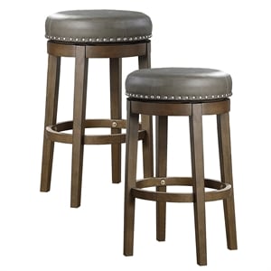 Pemberly Row 29&quot Faux Leather Round Swivel Bar Stool in Gray (Set of 2)