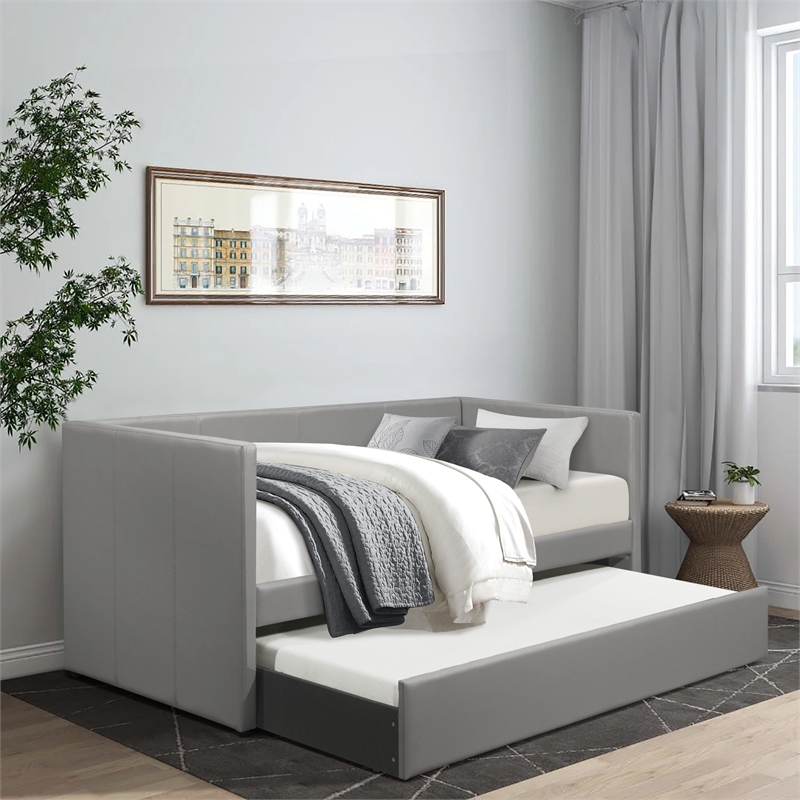 Pemberly Row Contemporary Faux Leather Daybed in Gray Finish